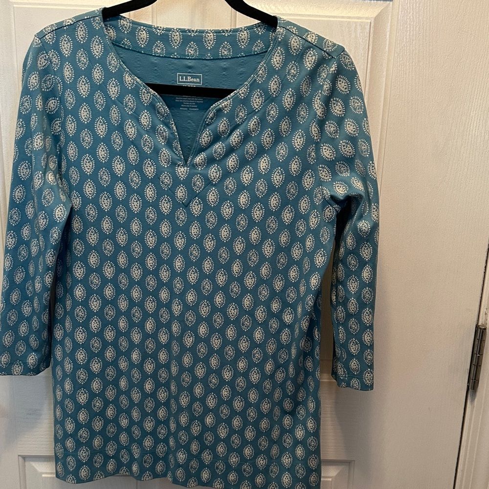 L.L. Bean Teal and White 100% Supima Cotton Printed Top 3/4 Sleeve Size M-Reg